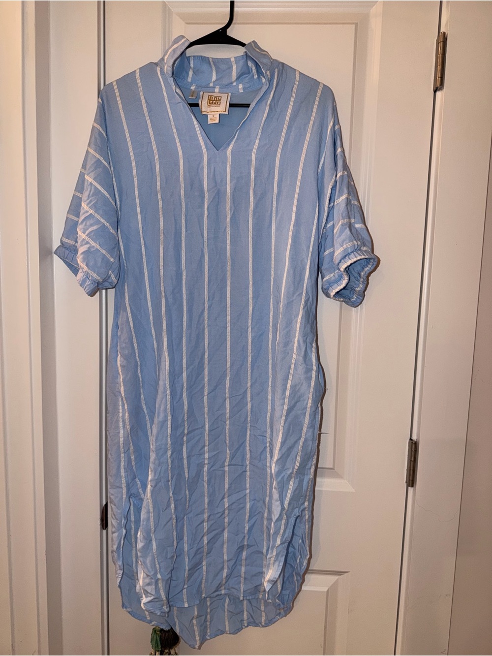 Relaxed Light Blue & White Stripe Midi Dress with V-Neck